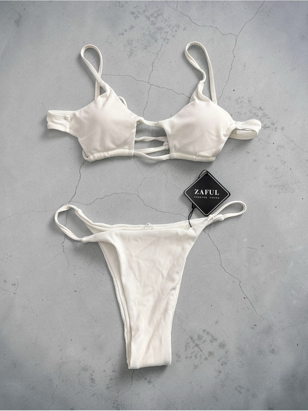 ZAFUL White Bikini Set Women’s Small Ribbed Tie Back High Cut NWT